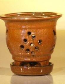 Aztec Orange Ceramic Orchid Pot - Round 5.0 x 5.125 With Attached Tray Sized to fit 4.0 Plastic Growing Pot