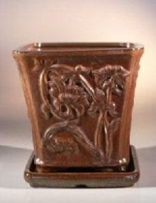 Aztec Orange Ceramic Bonsai Pot - Cascade Attached Matching Tray 7.5 x 7.5