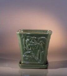 Green Ceramic Bonsai Pot - Cascade Attached Matching Tray 7.5 x 7.5