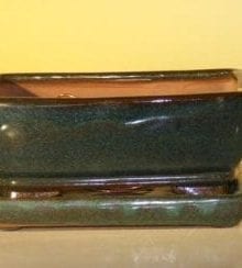 Green Ceramic Bonsai Pot With Attached Humidity/Drip tray - Professional Series Rectangle 6.37 x 4.75 x 2.625