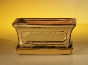 Mustard Color Ceramic Bonsai Pot - Rectangle Professional Series with Attached Humidity/Drip tray 6.37 x 4.75 x 2.625