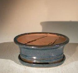 Blue/Green Ceramic Bonsai Pot - Oval Professional Series with Attached Humidity/Drip tray 8.5 x 6.5 x 3.5