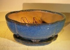 Blue Ceramic Bonsai Pot #2 - Oval Lotus Shaped Professional Series 10.5 x 9.0 x 5.0