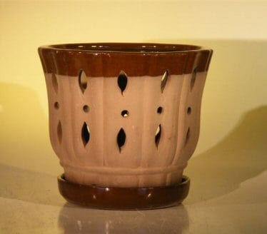 Ceramic Orchid Pot #2 - 7.625 x 6.125 Round With Matching Attached Saucer