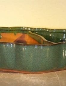 Dark Green Ceramic Bonsai Pot - Oval Land/Water with Scalloped Edges 12 x 9.5 x 3