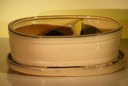 Beige Ceramic Bonsai Pot - Oval Land/Water with Attached Matching Tray 8.25 x 6.0 x 3.5