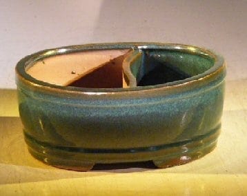 Blue/Green Ceramic Bonsai Pot - Oval Land/Water Divider 12 x 9.5 x 4