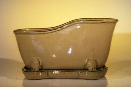 Mustard Color Ceramic Bonsai Pot With Matching Tray Bathtub Shape 10.875 x 4.875 x 5.25