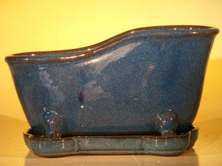 Blue Ceramic Bonsai Pot With Matching Tray Bathtub Shape 10.875 x 4.875 x 5.25