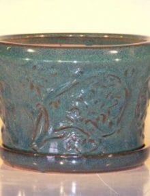 Blue/Green Ceramic Bonsai Pot - Round Attached Matching Tray 9x5.5