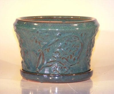 Blue/Green Ceramic Bonsai Pot - Round Attached Matching Tray 9x5.5