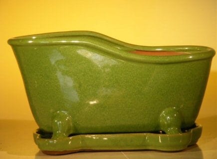 Lime Green Ceramic Bonsai Pot With Matching Tray Bathtub Shape 10.875 x 4.875 x 5.25