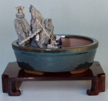 Water/Stone Landscape Scene Ceramic Bonsai Pot - 8 x 6