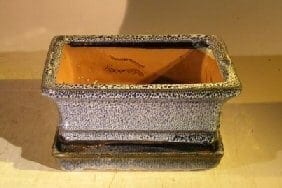 Marble Blue Ceramic Bonsai Pot - Rectangle Professional Series with Attached Humidity/Drip tray 6.37 x 4.75 x 2.625